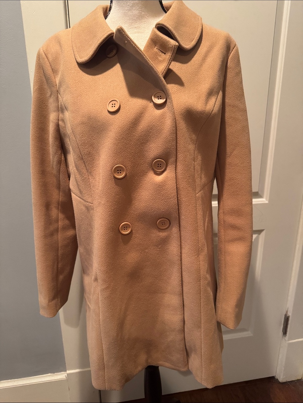 Allegra K Double-Breasted Camel Pea Coat